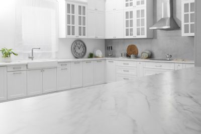 white solid surface countertop in kitchen